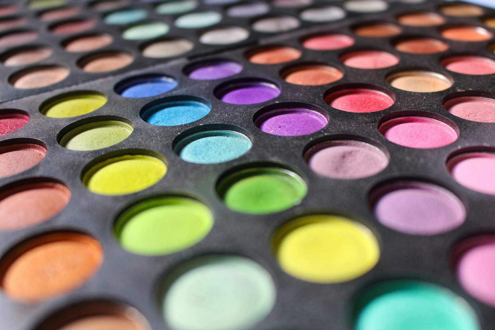 a close up of a colorful palette of eyeshades