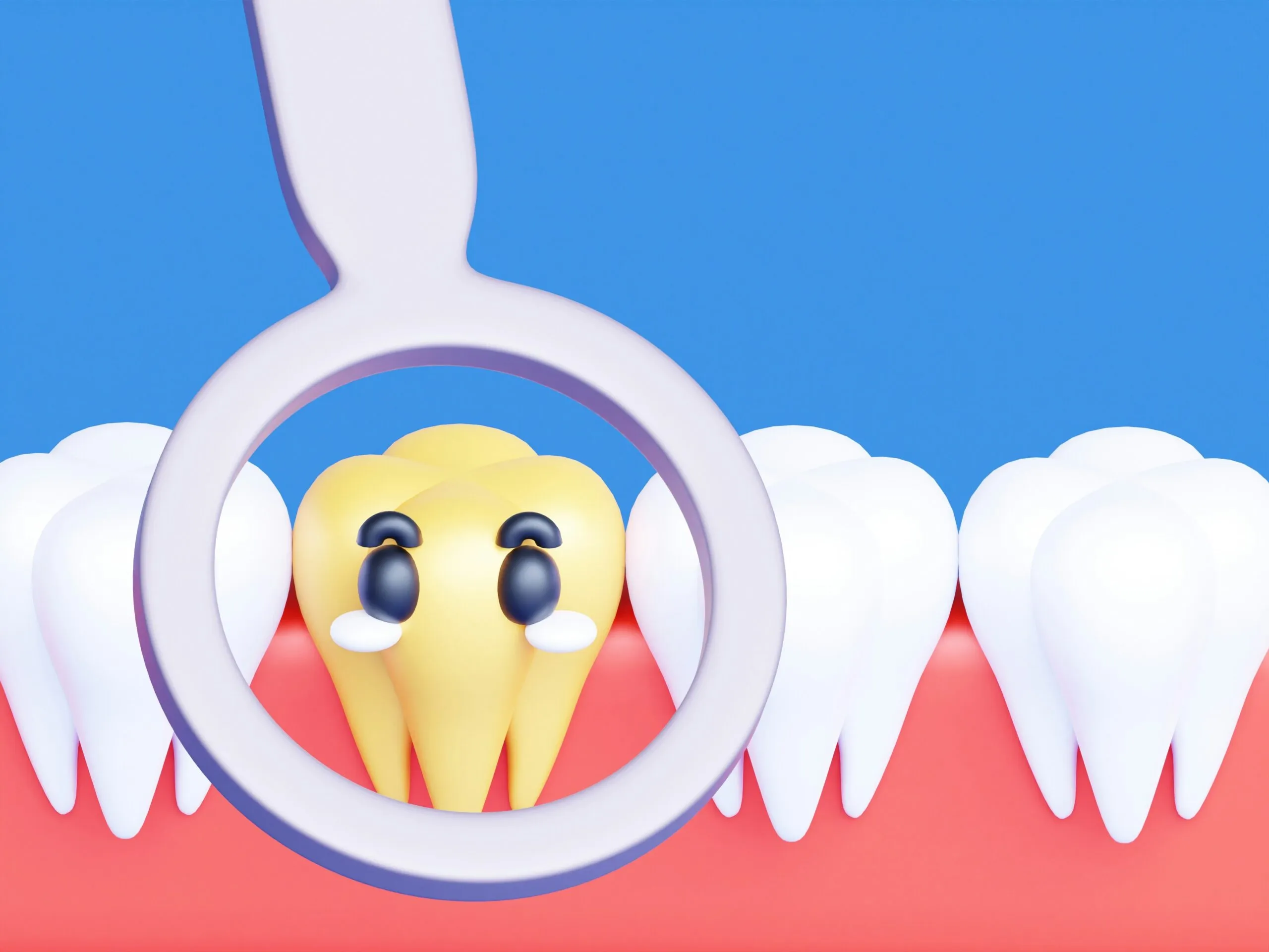 A cartoon tooth with a magnifying glass in front of it