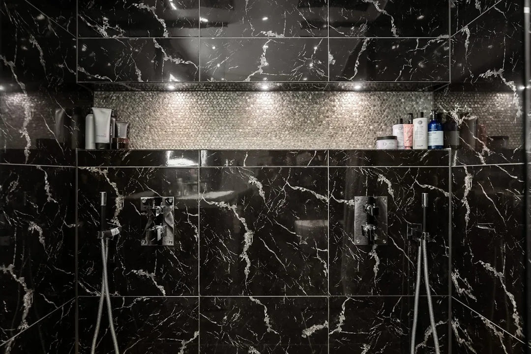 A bathroom with a black and white marble shower