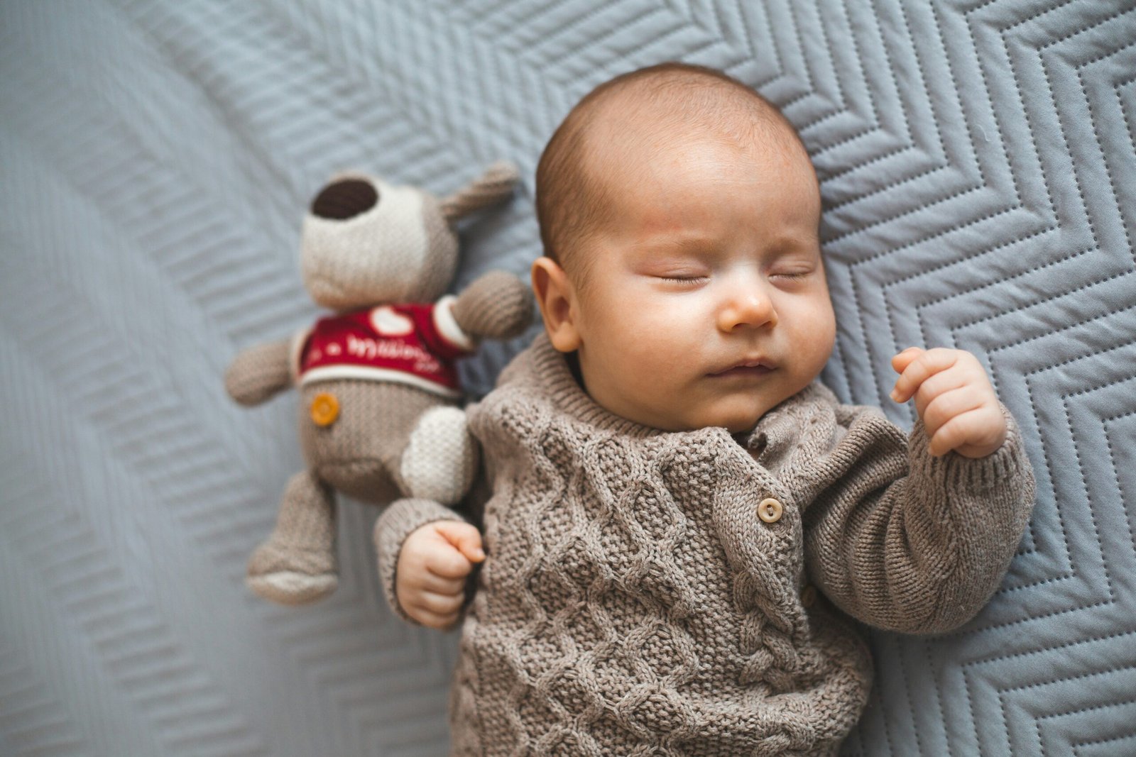 A baby sleeps peacefully next to a stuffed toy.