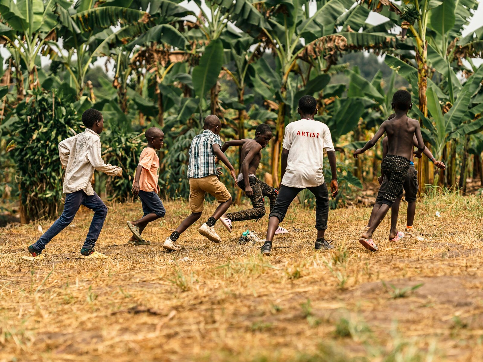 Children playing soccer in a field with banana trees.
