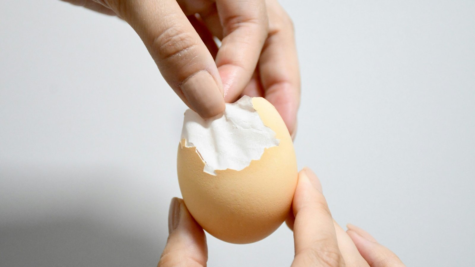 a person holding an egg with whipped cream on it