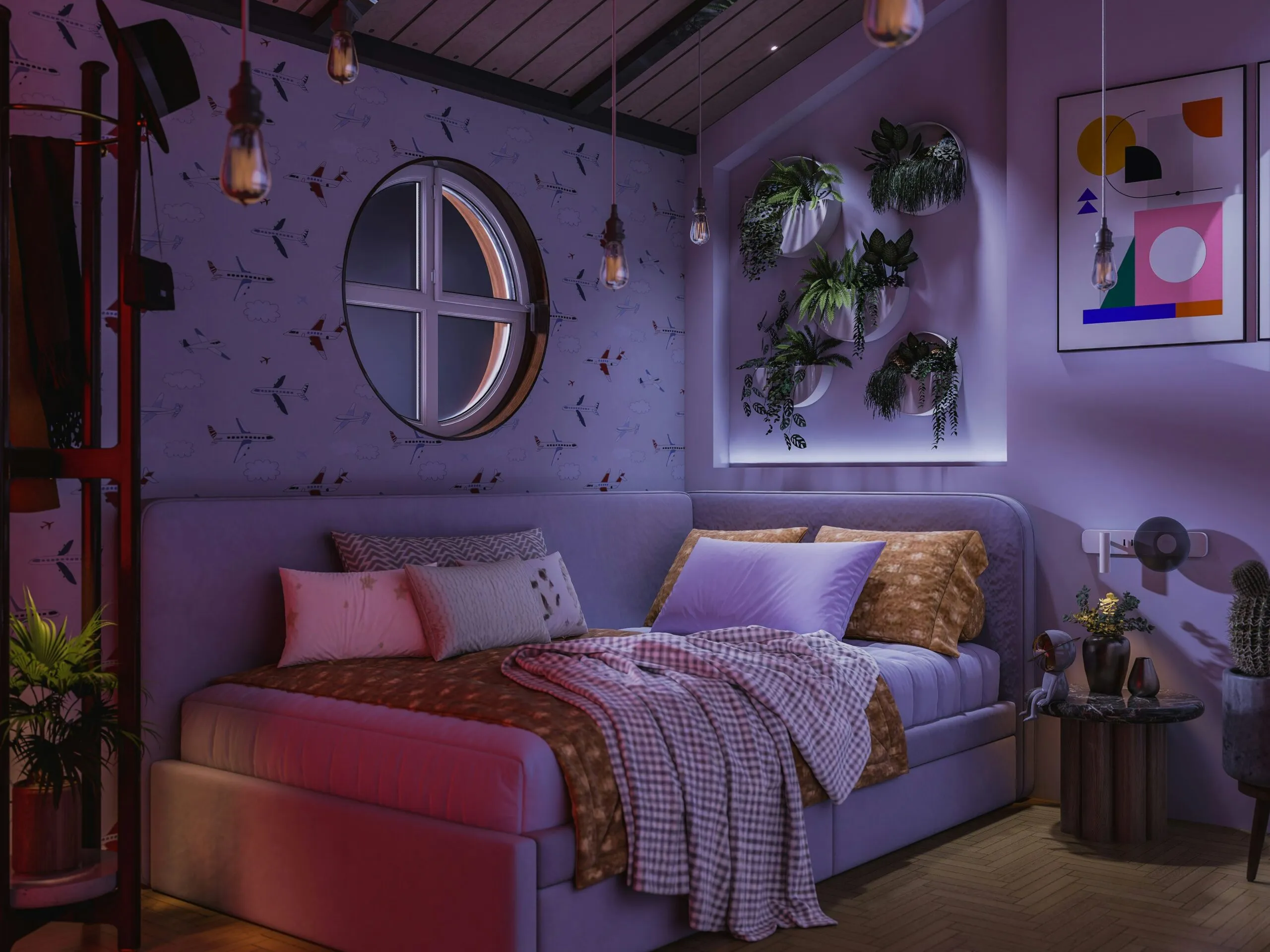 Cozy bedroom with artistic decoration and plants.