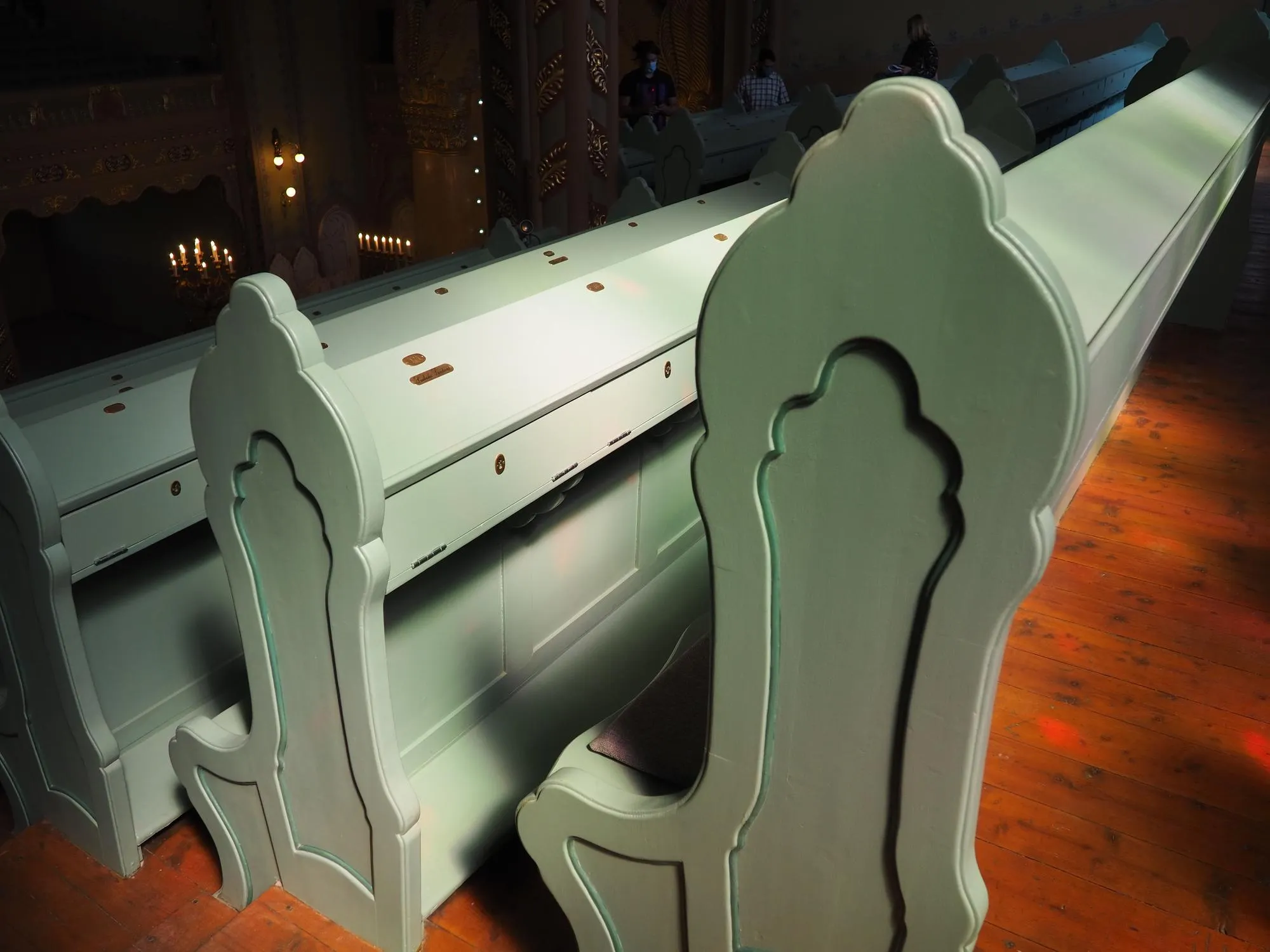 Subotica Serbia September 12 2021 Benches rows seats and chairs in the synagogue Internal interior Jewish Religion premises for worship and the center of the religious life of the community