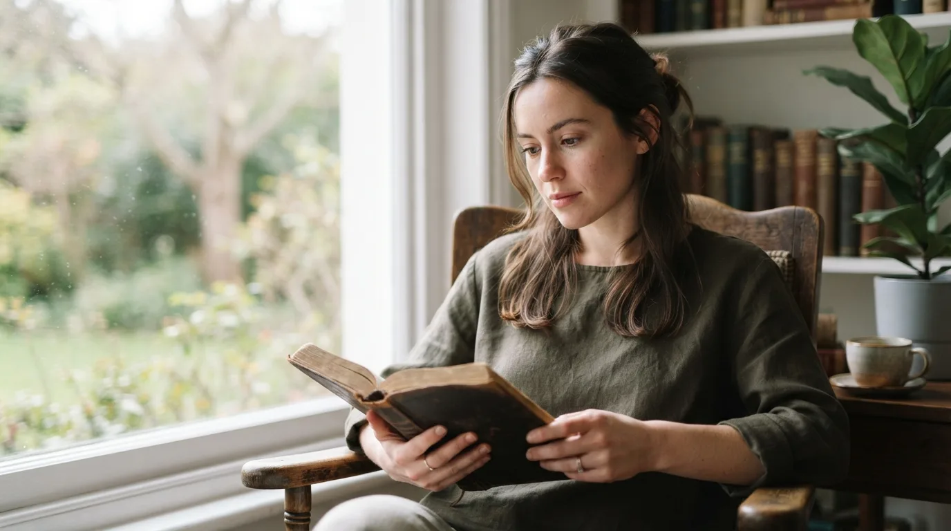 a person reading a Bible in a peaceful setting