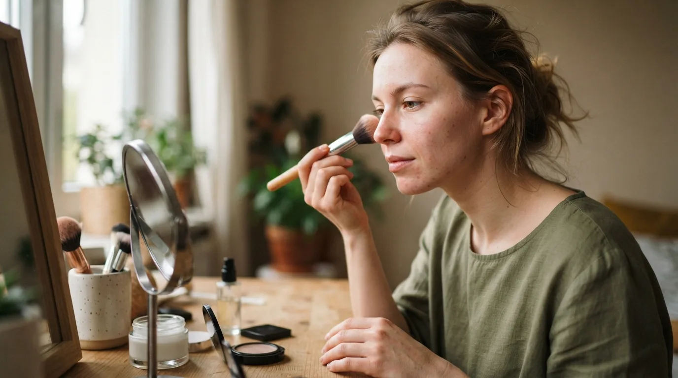 a woman applying makeup with a brush