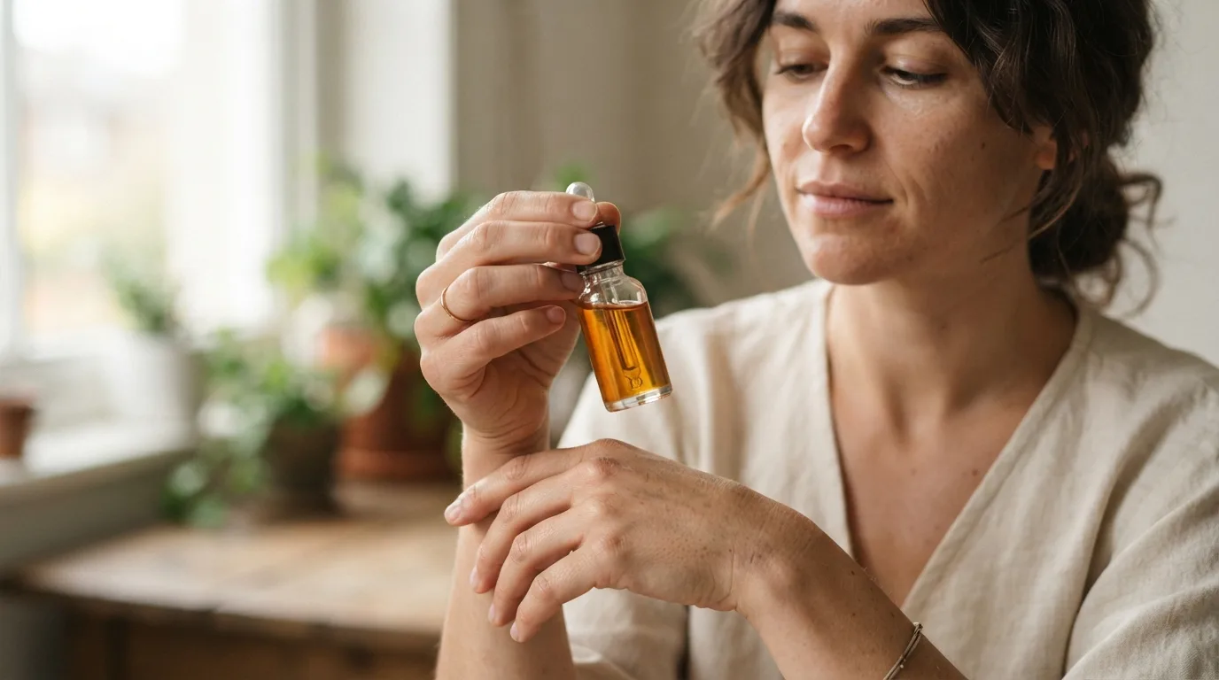 a person holding a small bottle of oil