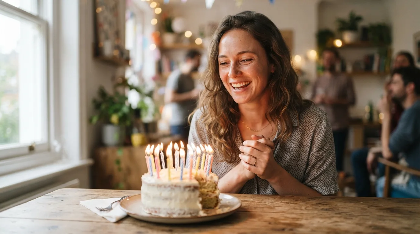 a person celebrating a birthday with a cake and candles