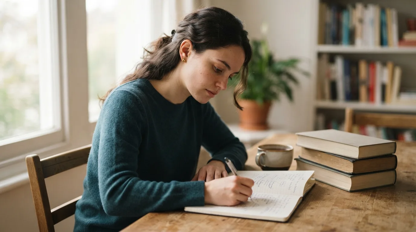 a person studying at a desk with books and a notebook