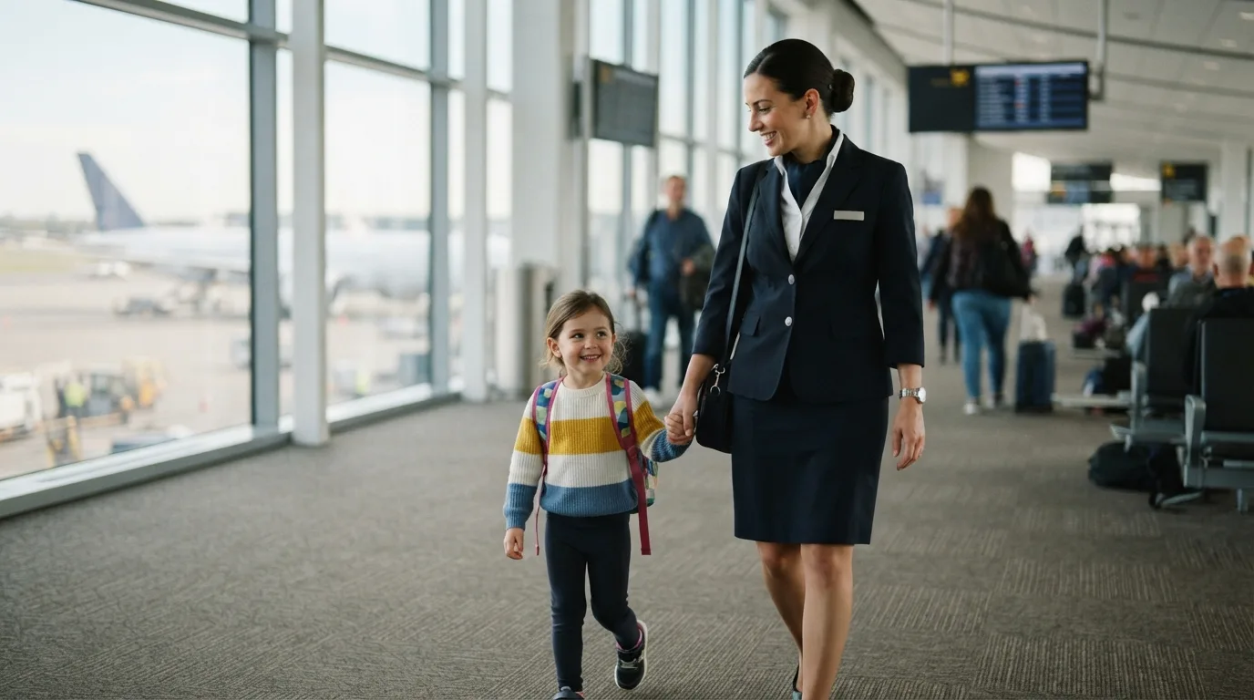 a child walking with a flight attendant at an airport gate