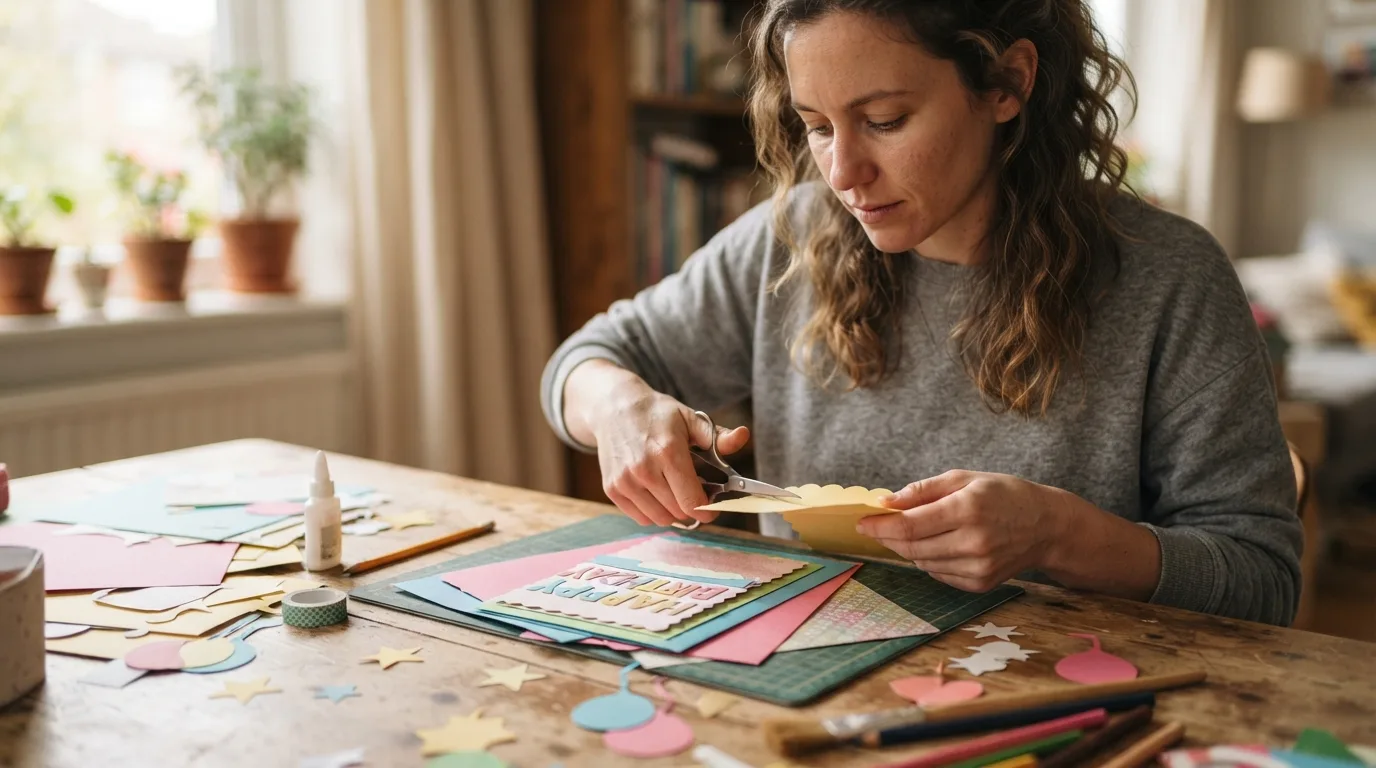 a person crafting a handmade birthday card with colorful paper and scissors