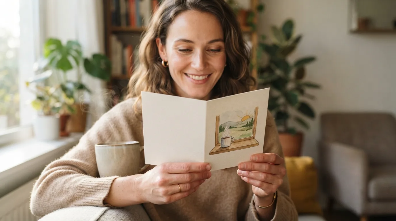 a person holding a greeting card with a morning scene