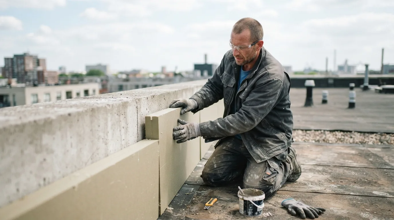 a worker installing insulation on a flat roof parapet
