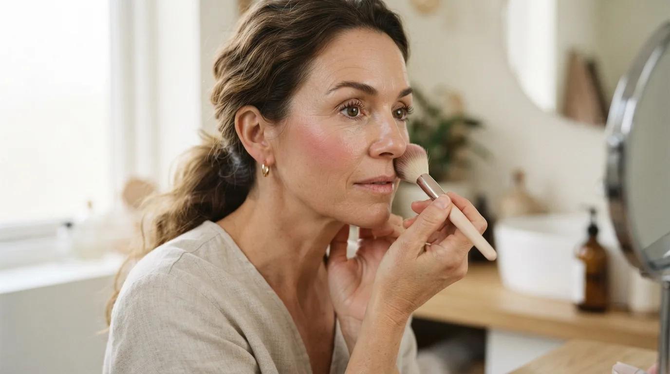 a woman applying blush to her cheeks