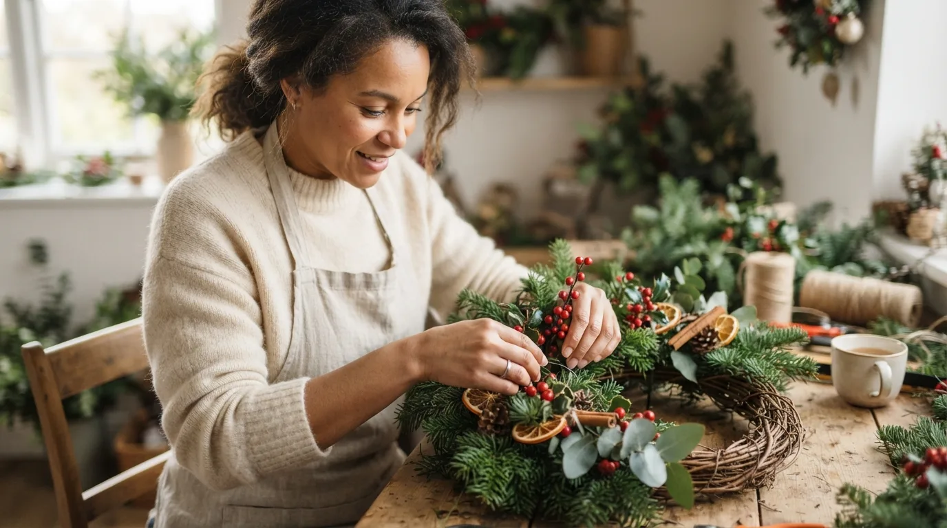 a person arranging a Christmas wreath on a table