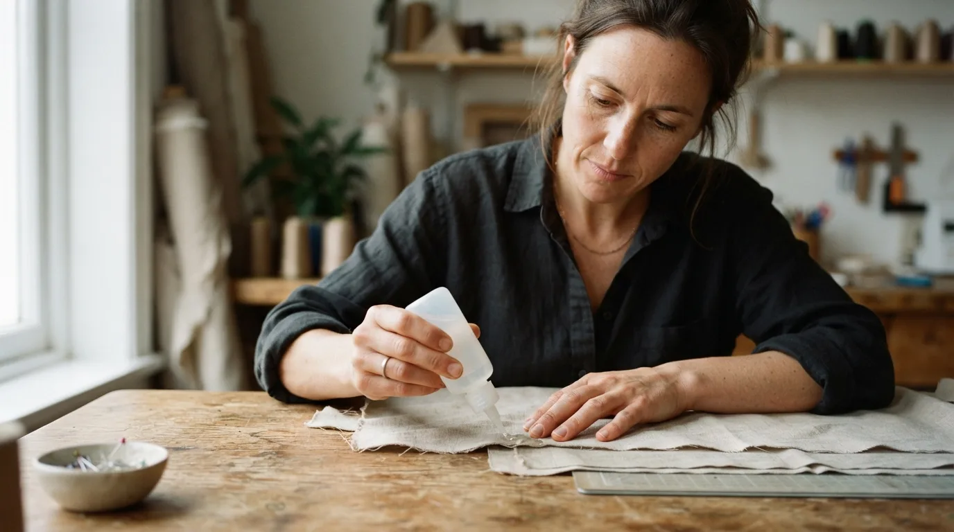 a person applying glue to fabric on a table