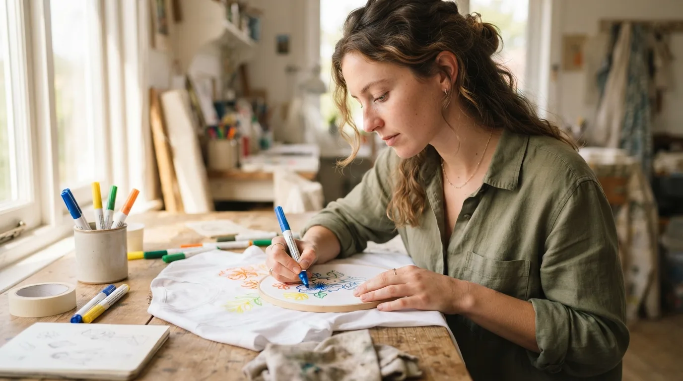 a person decorating a plain t-shirt with paint or fabric markers