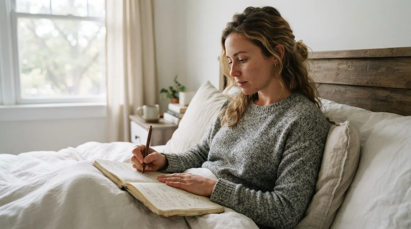 a person writing in a notebook in bed