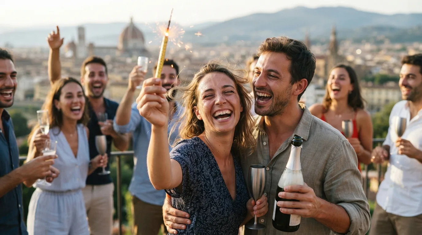 people celebrating with fireworks and champagne