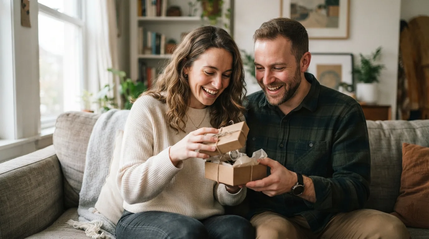 a couple sitting together on a sofa, opening a gift box with curiosity and smiles