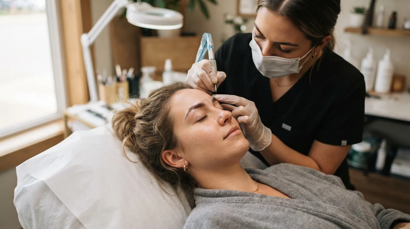 a woman having her eyebrows treated in a beauty salon