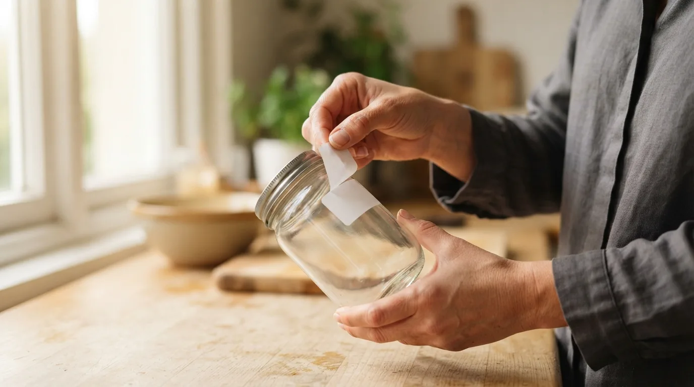 a person peeling a sticker off a glass jar