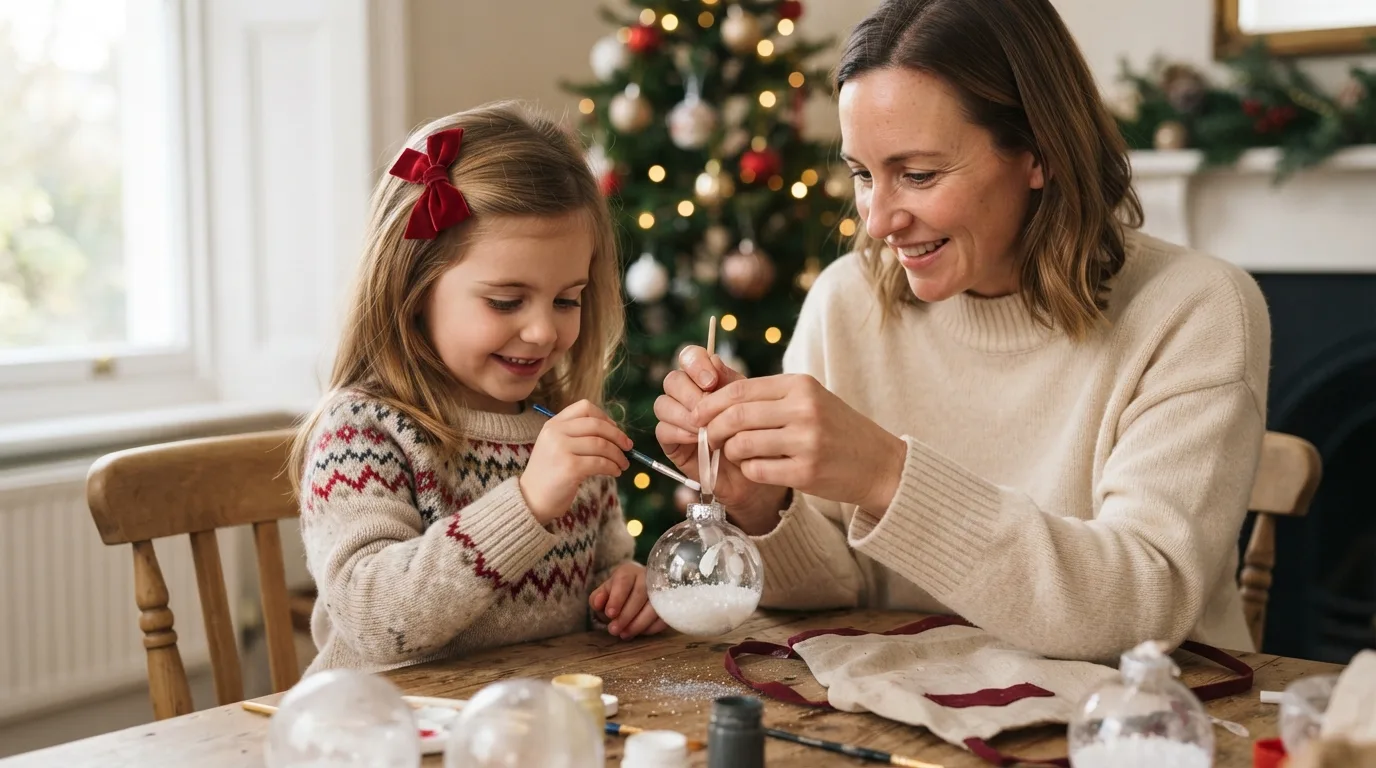 a child and parent decorating a Christmas bauble together