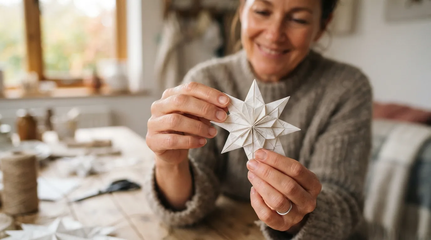 a person holding a finished paper star decoration
