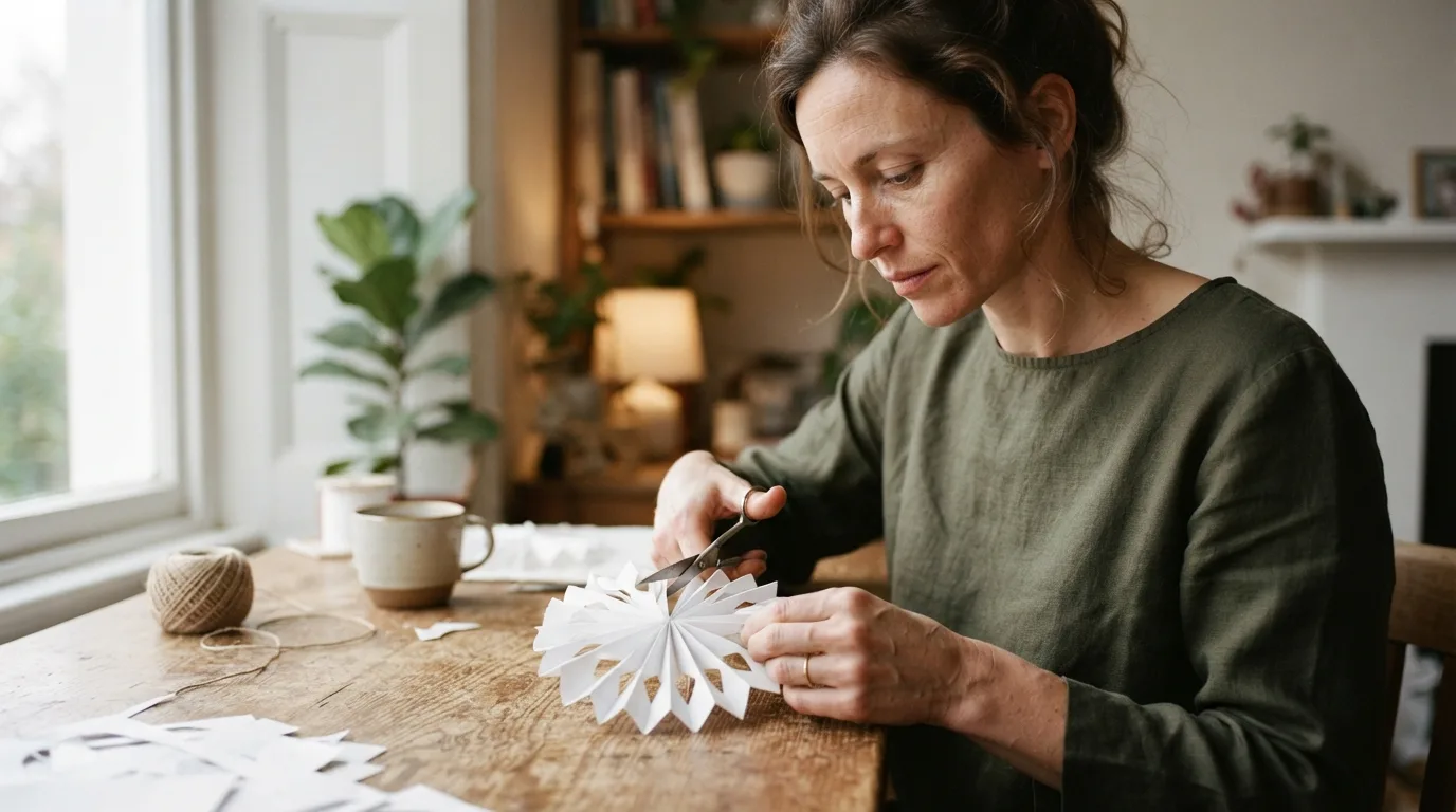 a person cutting a paper snowflake decoration