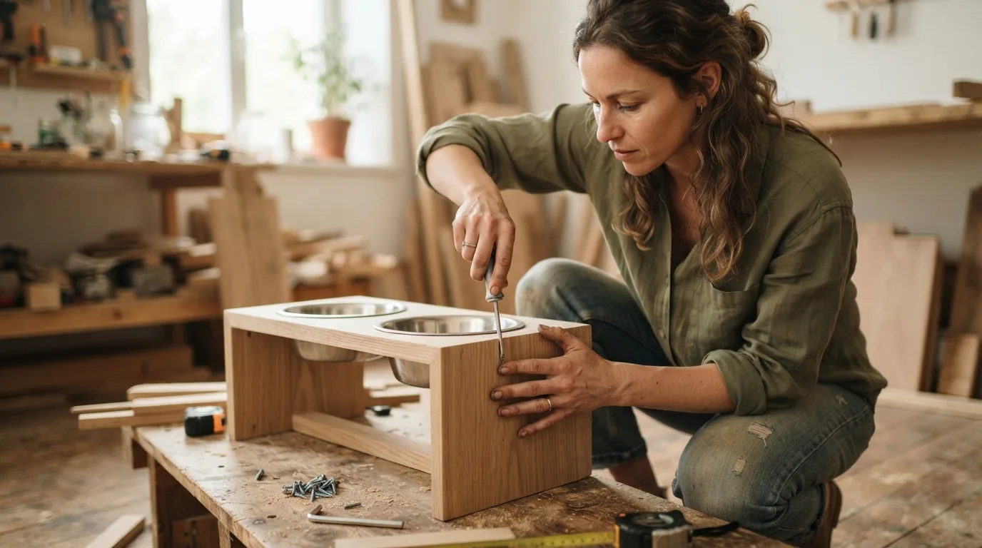 a person assembling a wooden dog bowl stand