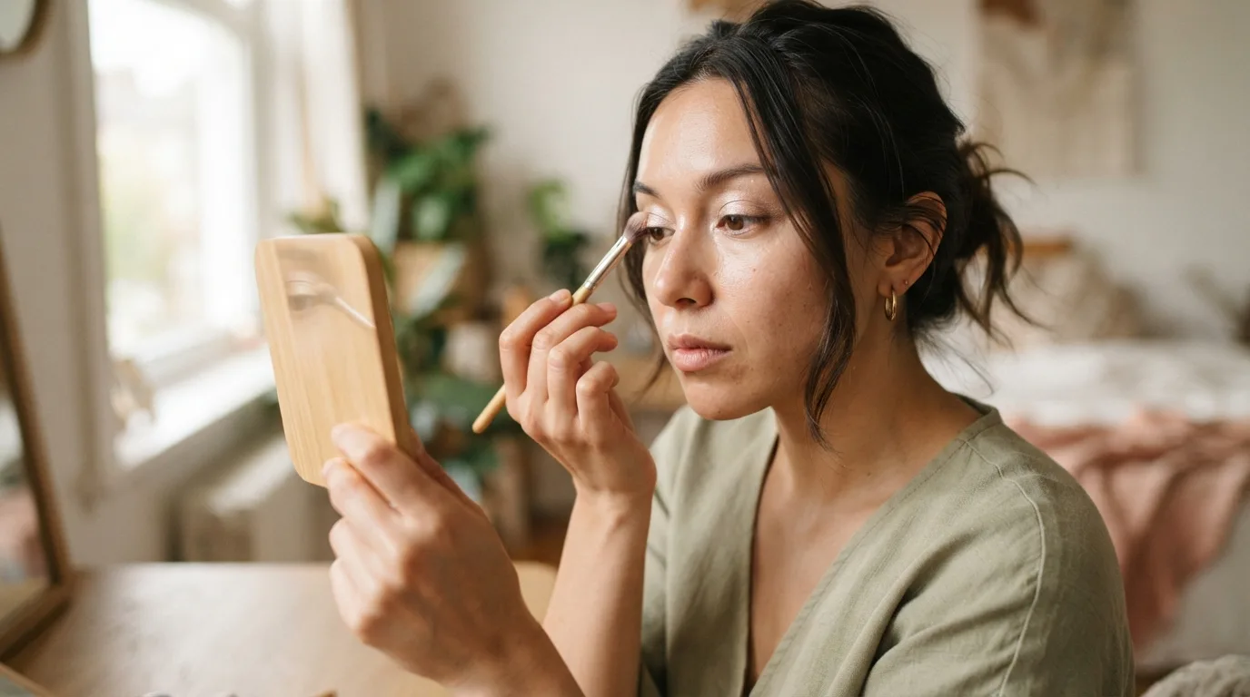 a woman applying shimmery eyeshadow to her eyelid