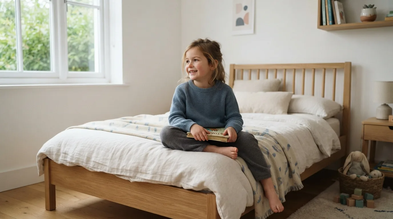 a child sitting on a wooden bed in a bright, modern children's room