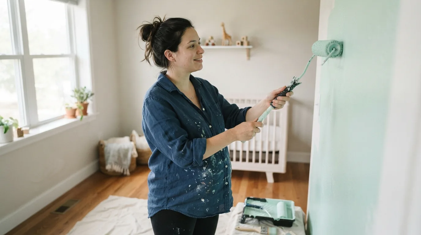 a pregnant woman painting a wall in a child's room