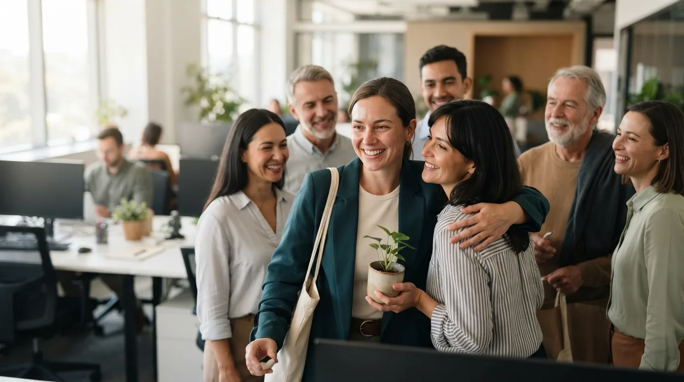 a person saying goodbye to colleagues in an office