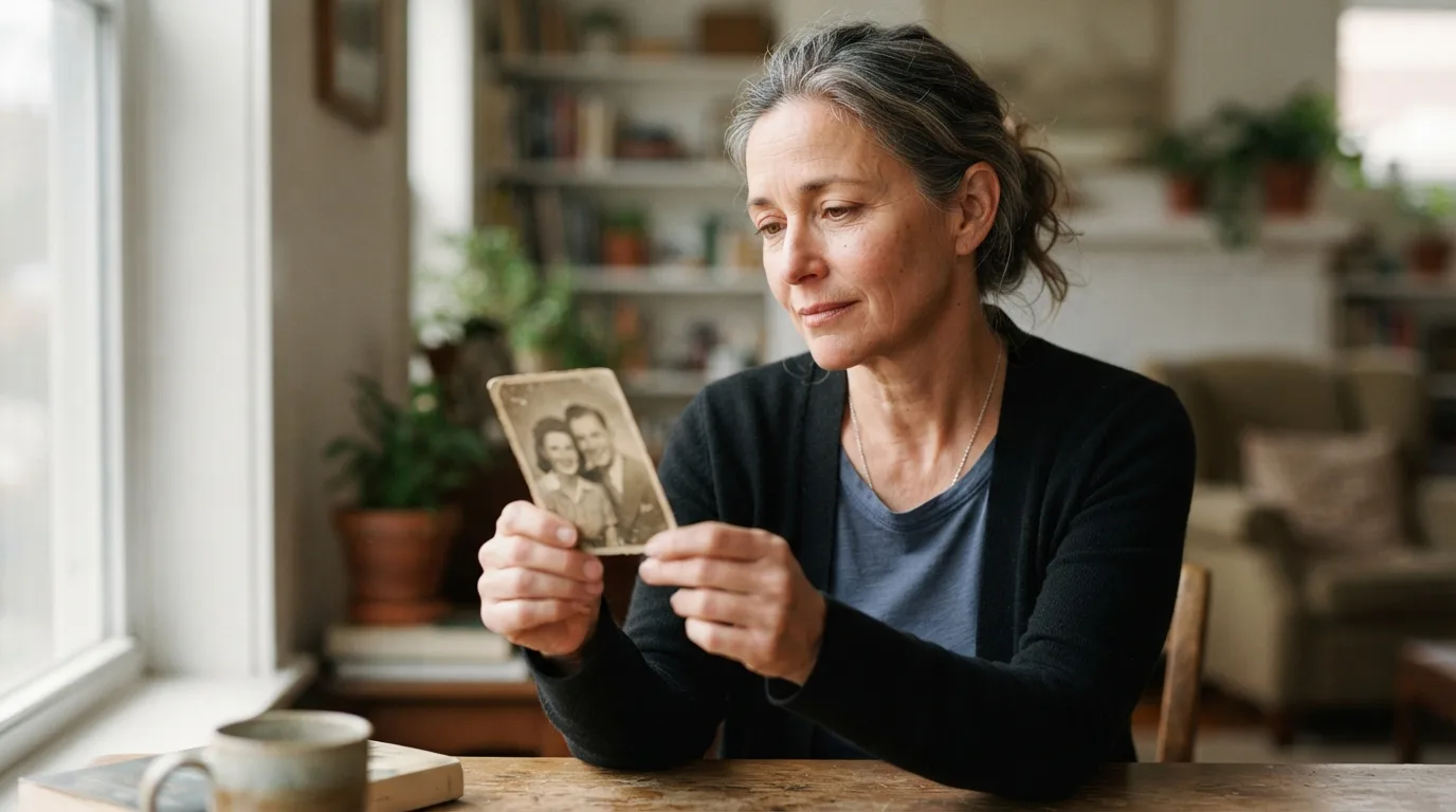 a woman looking thoughtfully at an old photograph