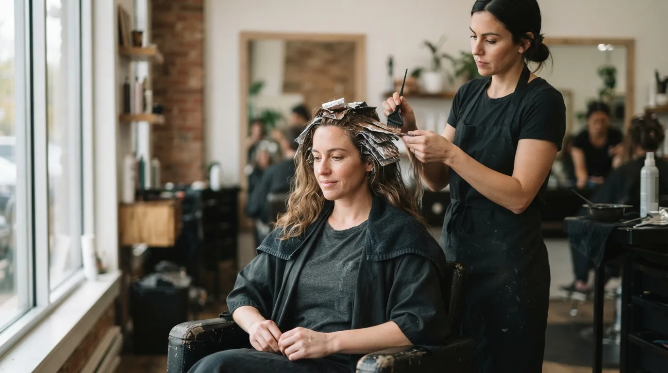 a woman having her hair colored at a salon