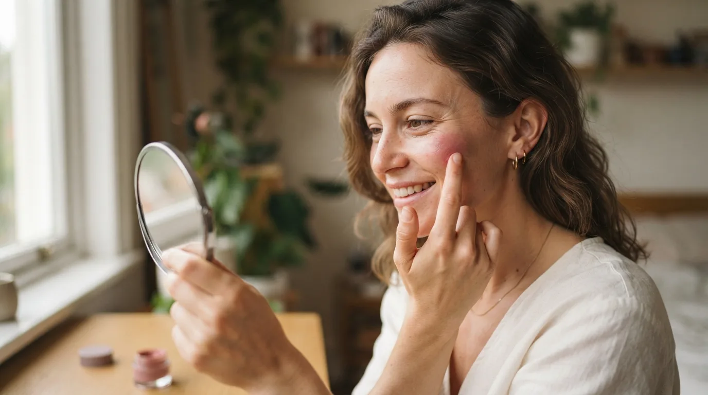 a woman applying cream blush with her fingers