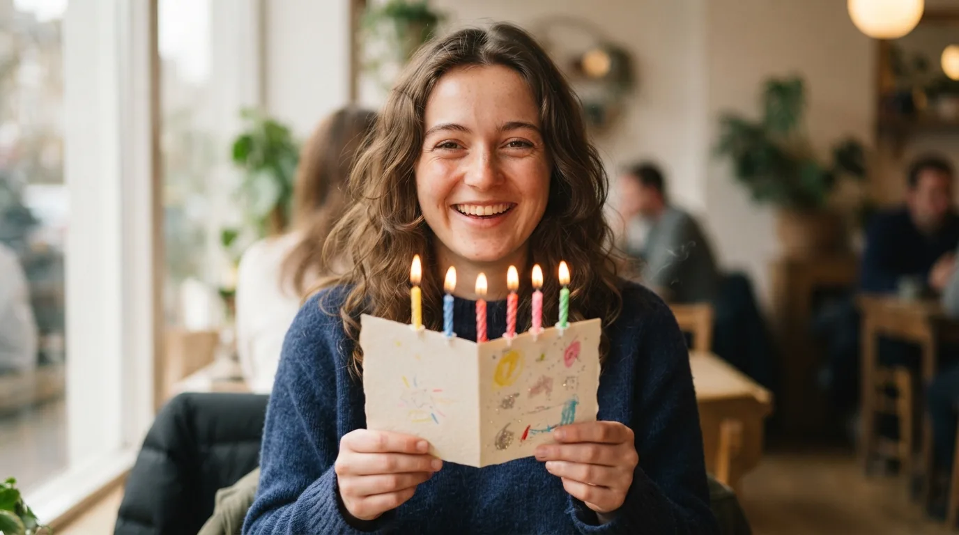 a young person holding a birthday card with candles