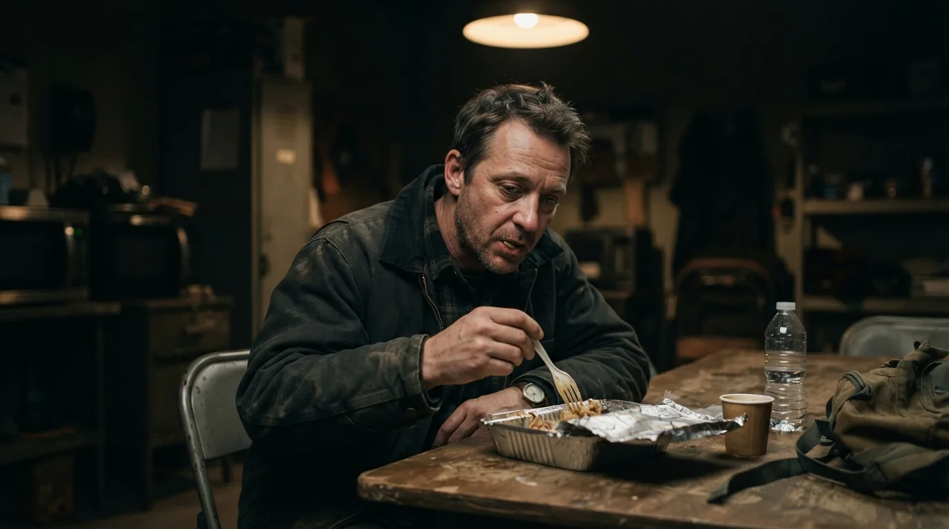 a tired worker eating at night in a dimly lit room