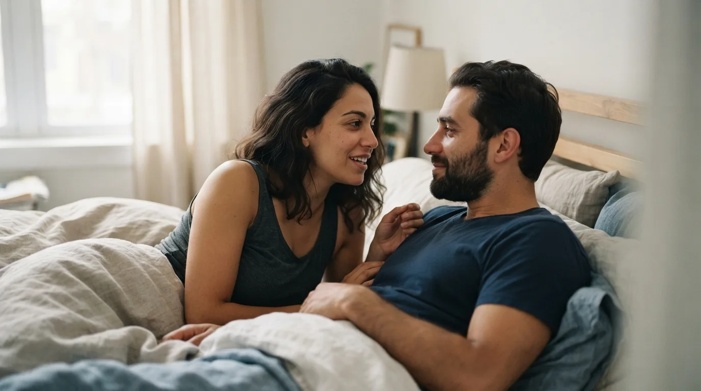a couple talking intimately in bed