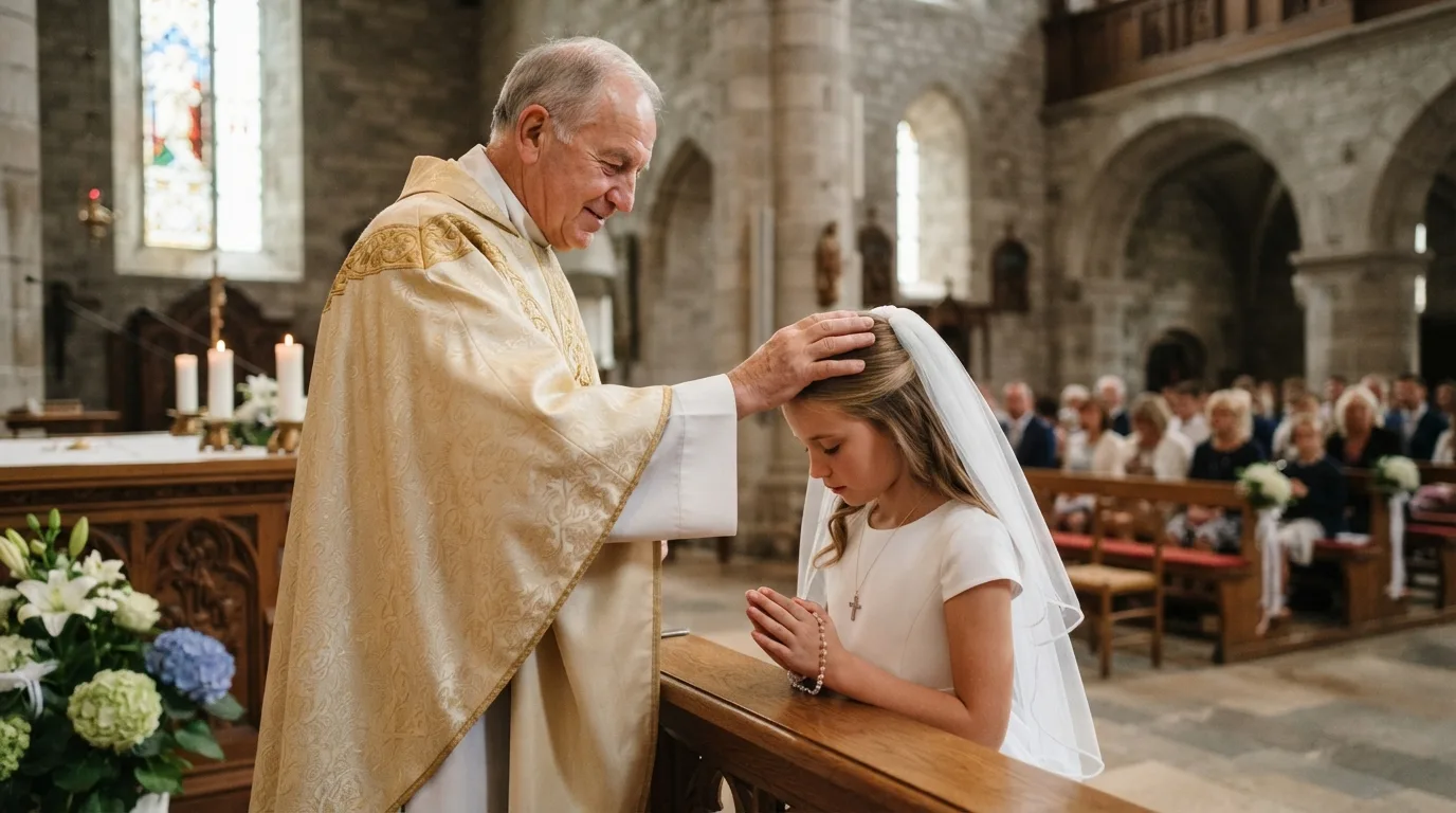 a young person being blessed by a priest during a church ceremony