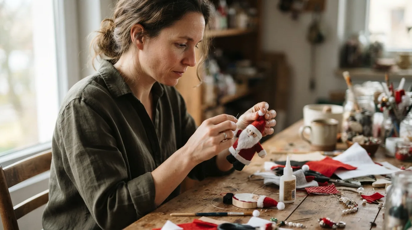 a person crafting a Santa Claus decoration at a table