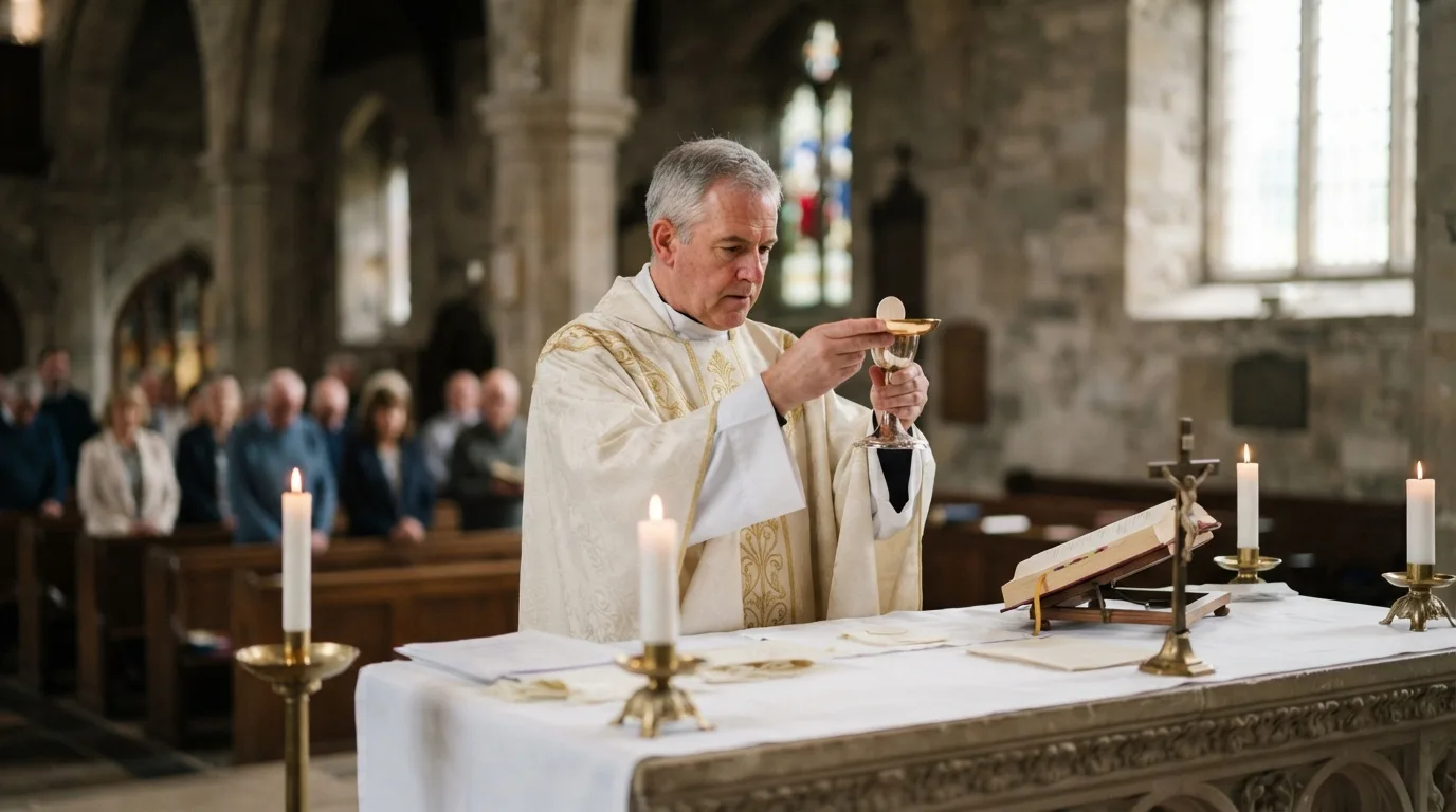 a Catholic priest in white vestments at an altar during a church service