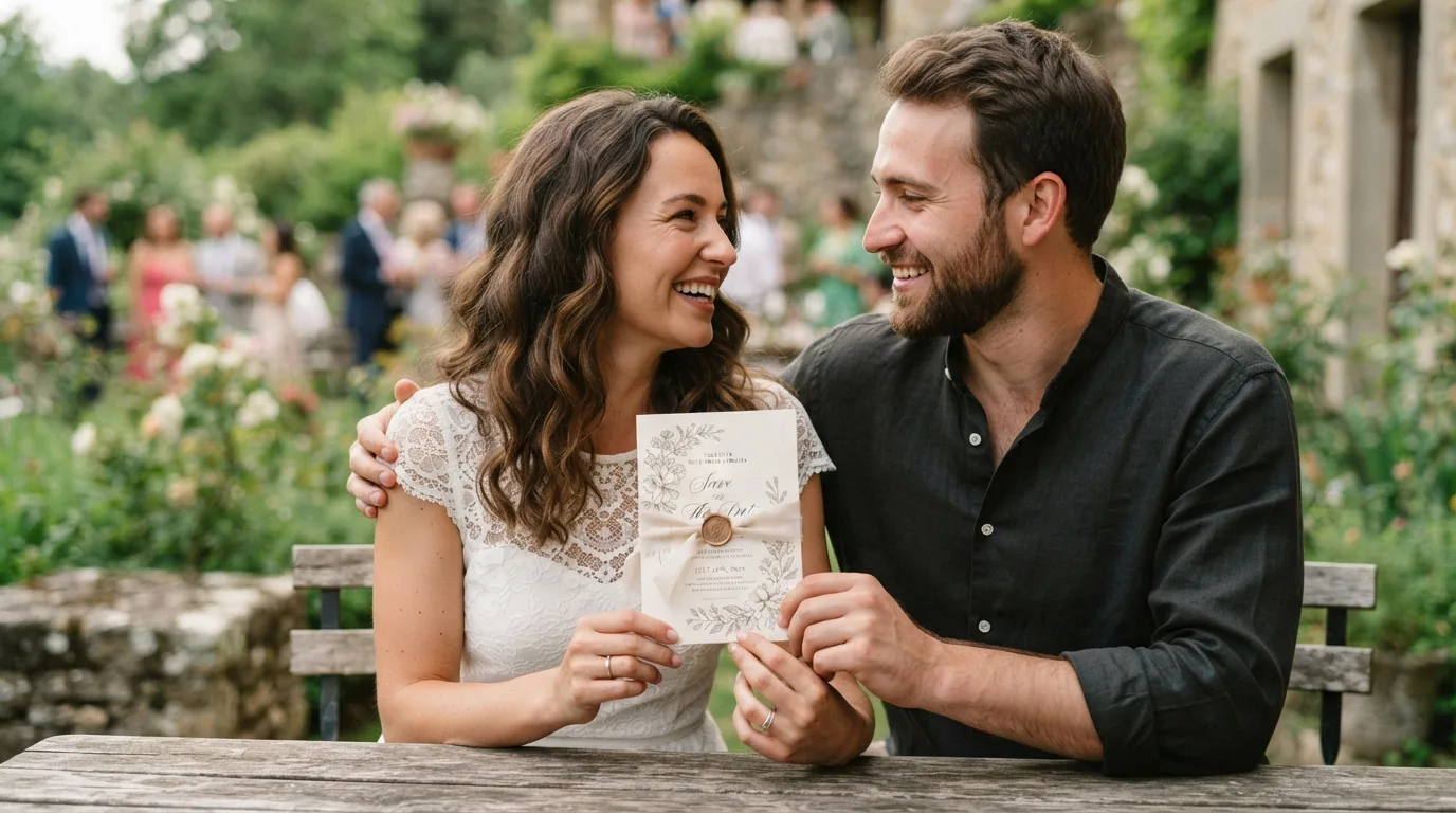 a couple holding a wedding invitation card