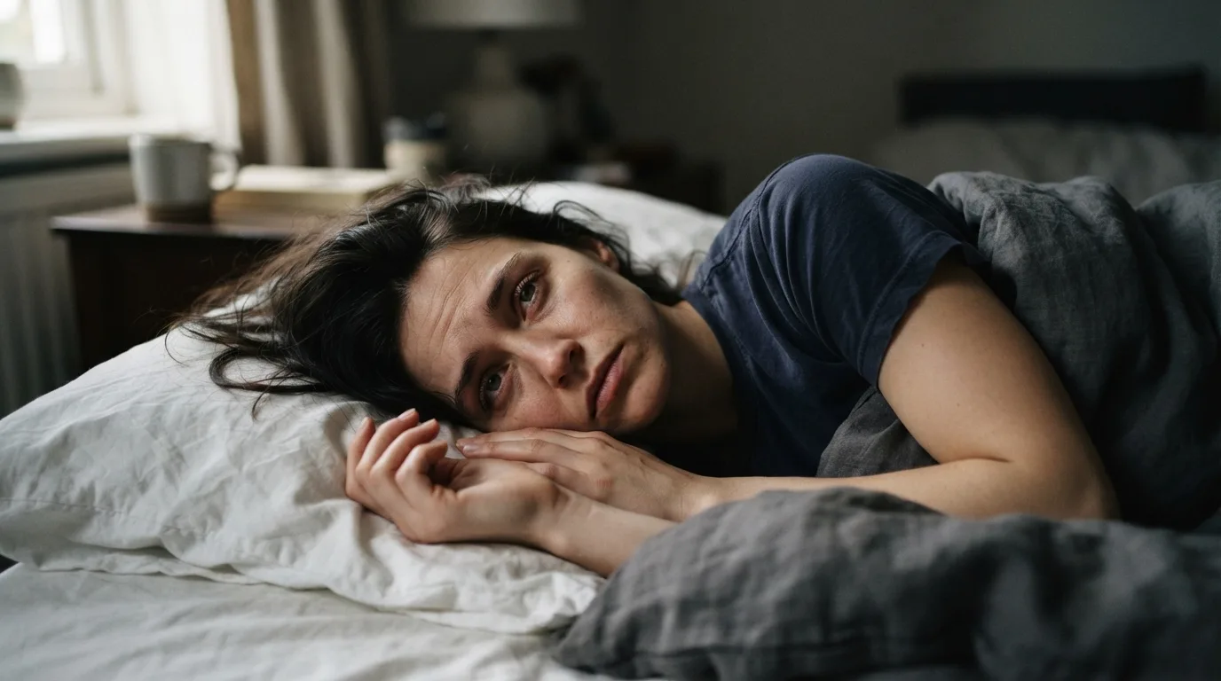a person lying still in bed with a troubled expression