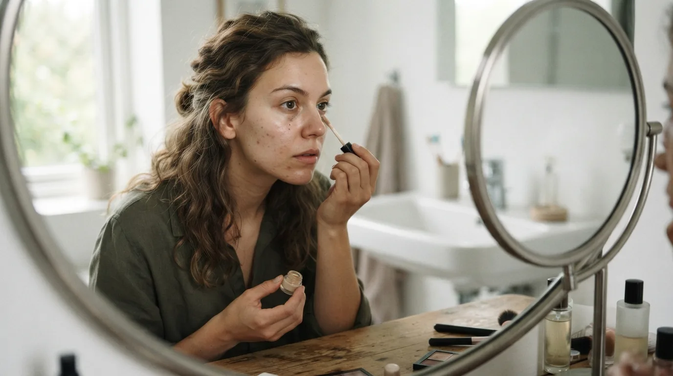 a woman applying concealer to her face in front of a mirror