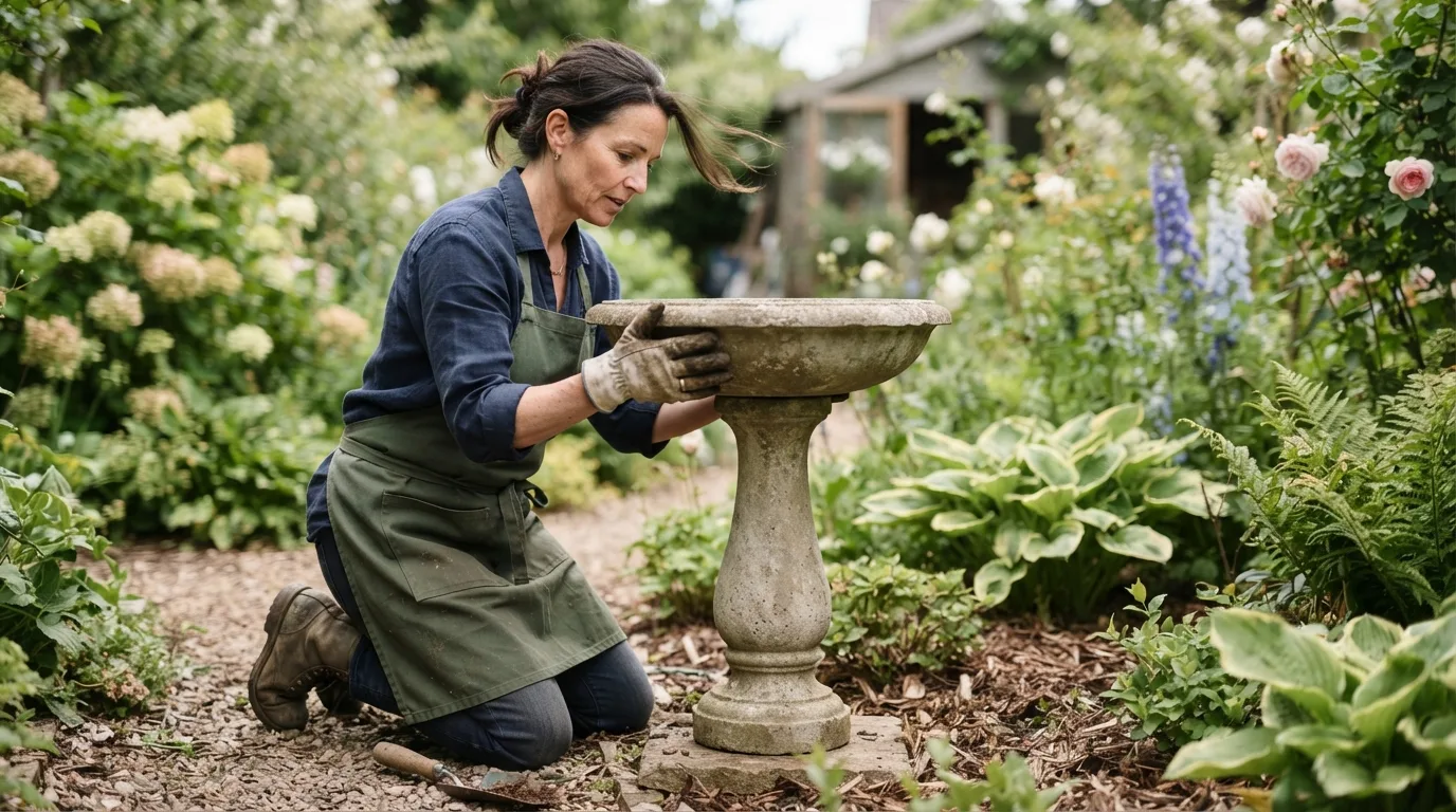 a person assembling a bird bath in a garden