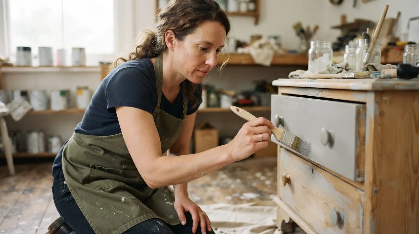 a person painting a wooden piece of furniture