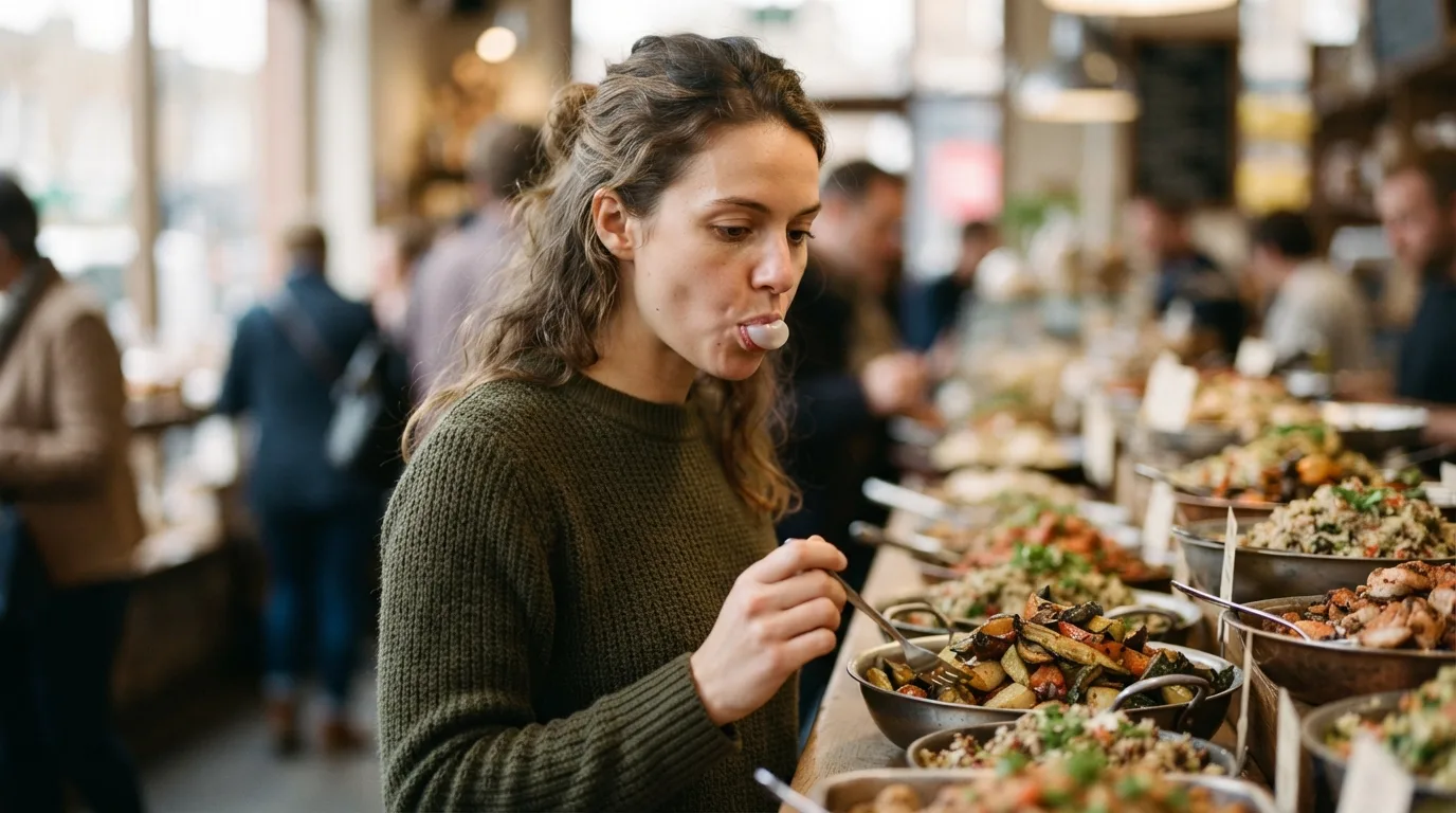 a person chewing gum while looking at food