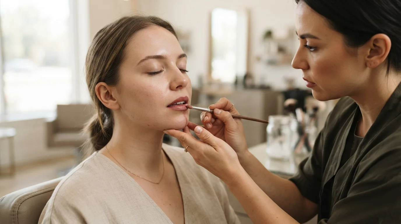 a woman getting lip makeup applied in a beauty salon